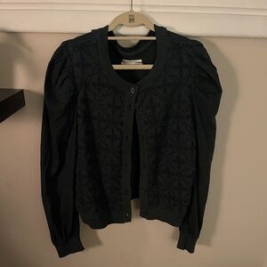 Anthropologie Cotton Embroidered Cardigan, Green - XL